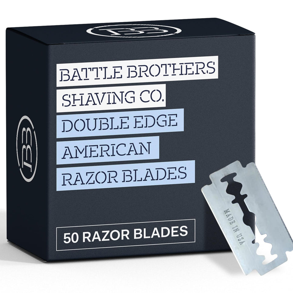 Battle Brothers razor blades close-up, stainless steel edges for a smooth shave.