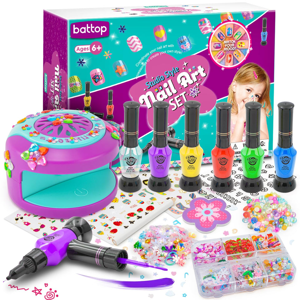 BATTOP Kids Nail Art Kit gift set with vibrant polishes for at-home pretend-manicure fun.