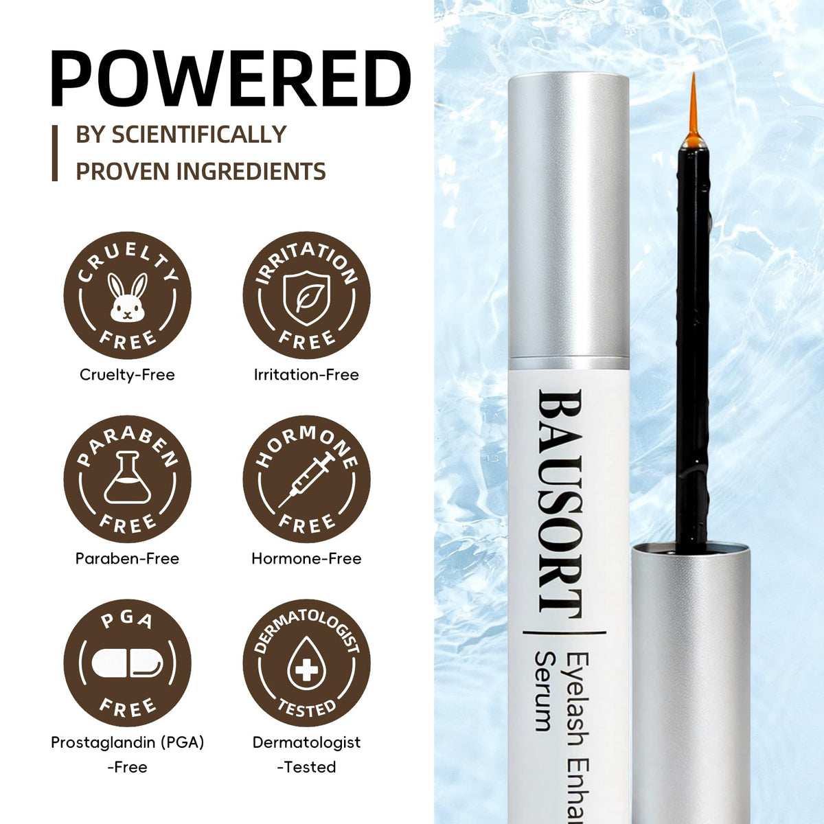 Bausort Lash Serum tube packaging highlighting premium formula