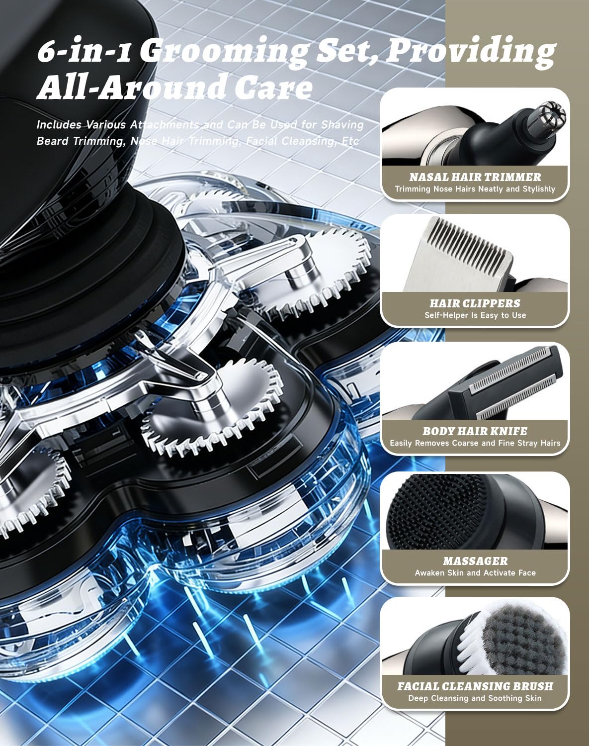 Bawldy 9.0 Ultra Shaver 6-in-1 kit for head, beard, nose, and more.