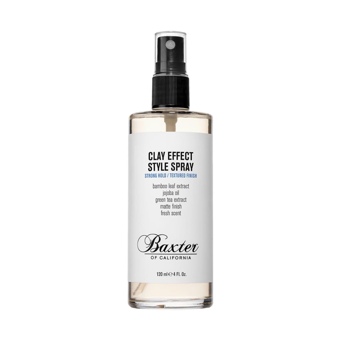 Baxter of California Clay Effect Style Spray bottle close-up, delivering strong hold and textured finish.