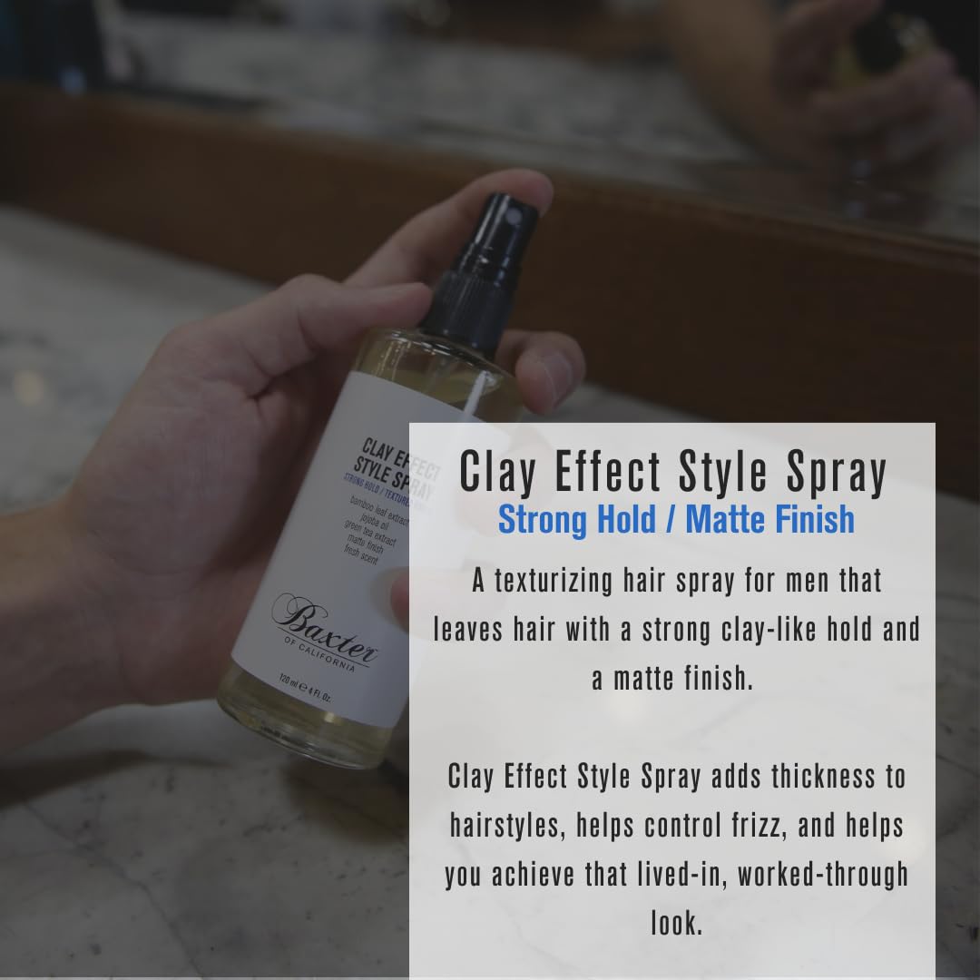 Baxter of California Clay Effect Style Spray misting hair for gritty, lived-in texture.