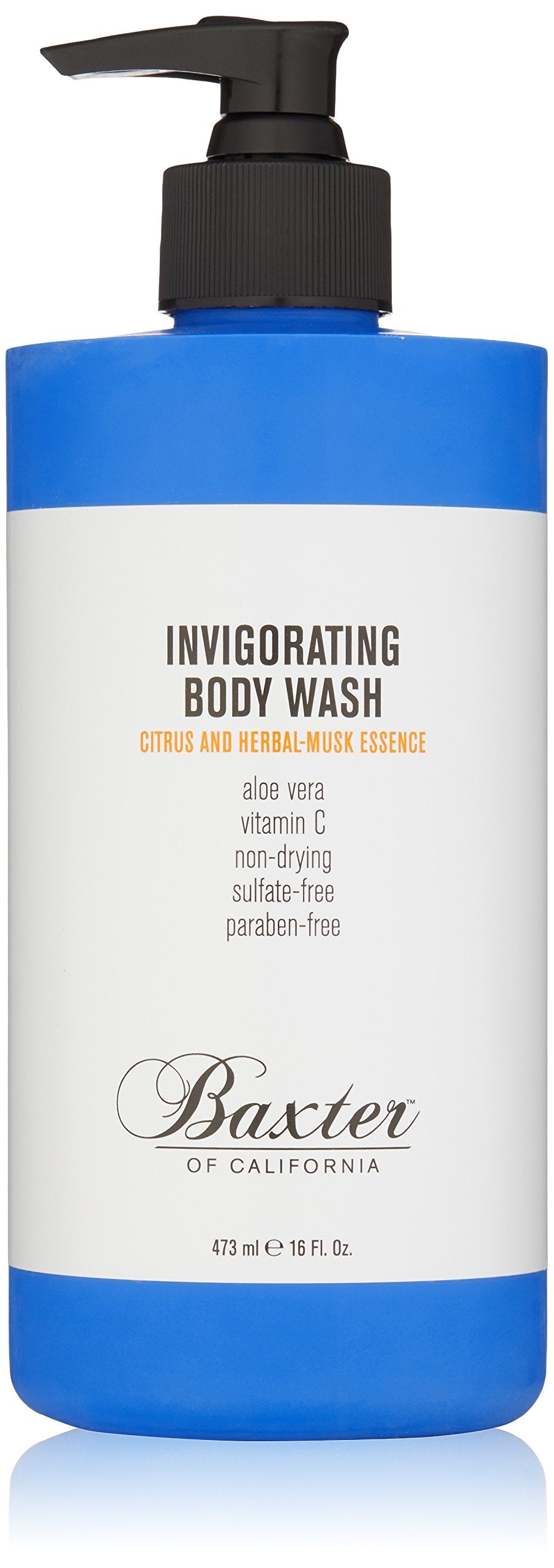 Baxter of California Invigorating Body Wash bottle on shower shelf with citrus-musk scent