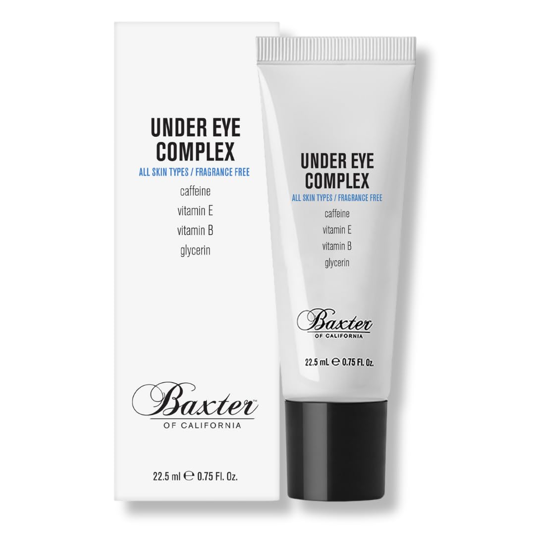 Baxter of California Under Eye Cream bottle showing depuffing benefits.