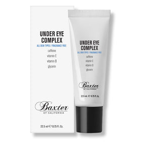 Baxter of California Under Eye Cream bottle showing depuffing benefits.