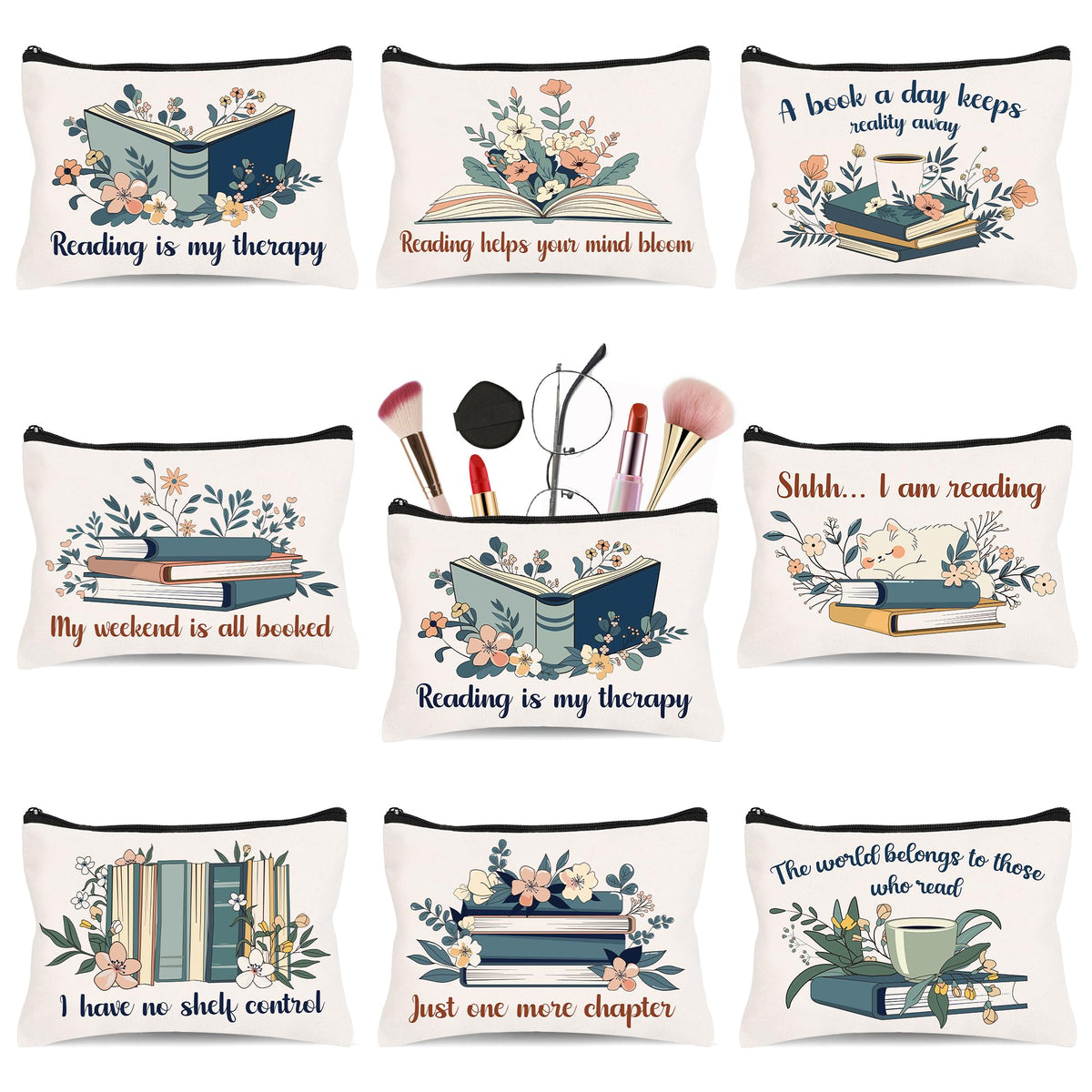 Bayelove book-lover makeup bag set, eight designs for daily use.