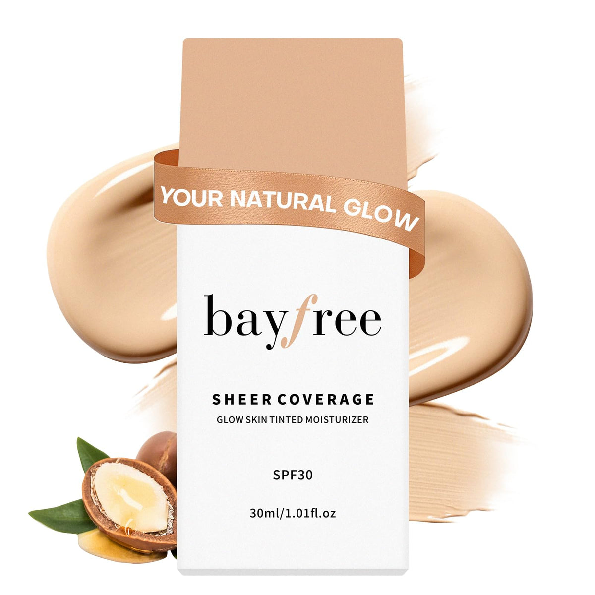 Bayfree Glow Skin Tinted Moisturizer bottle front with SPF 30 protection.