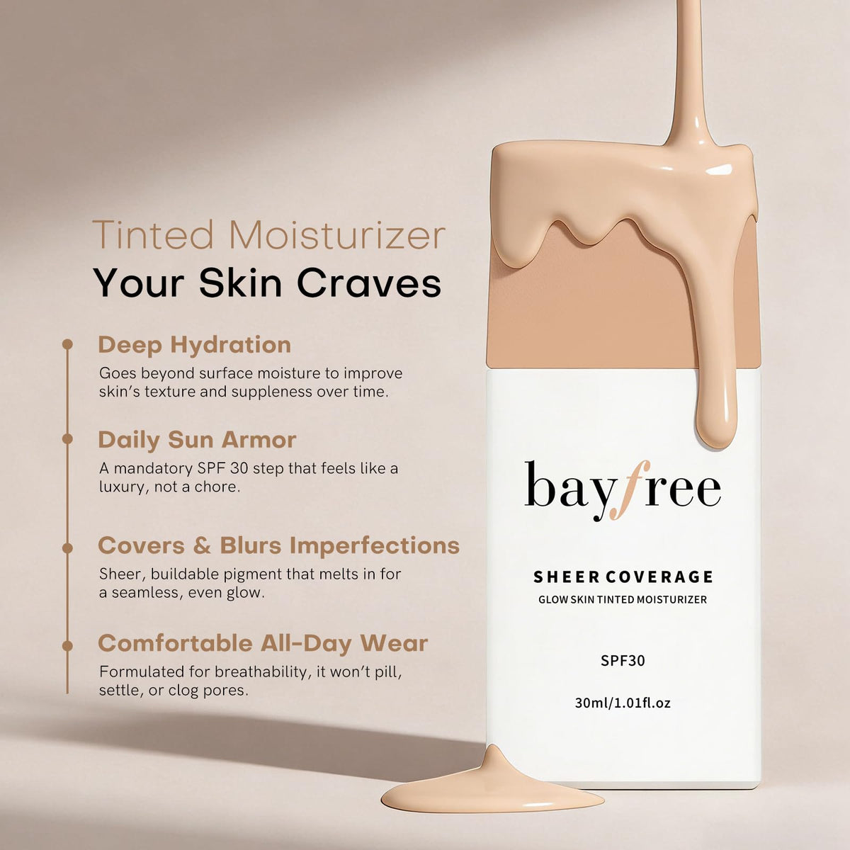 Bayfree Glow Skin Tinted Moisturizer texture swirls inside a sleek tube.