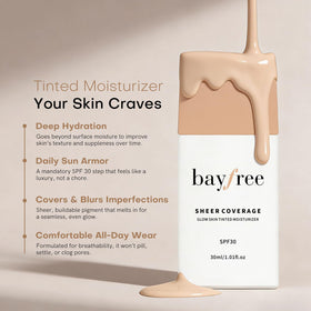 Bayfree Glow Skin Tinted Moisturizer texture swirls inside a sleek tube.