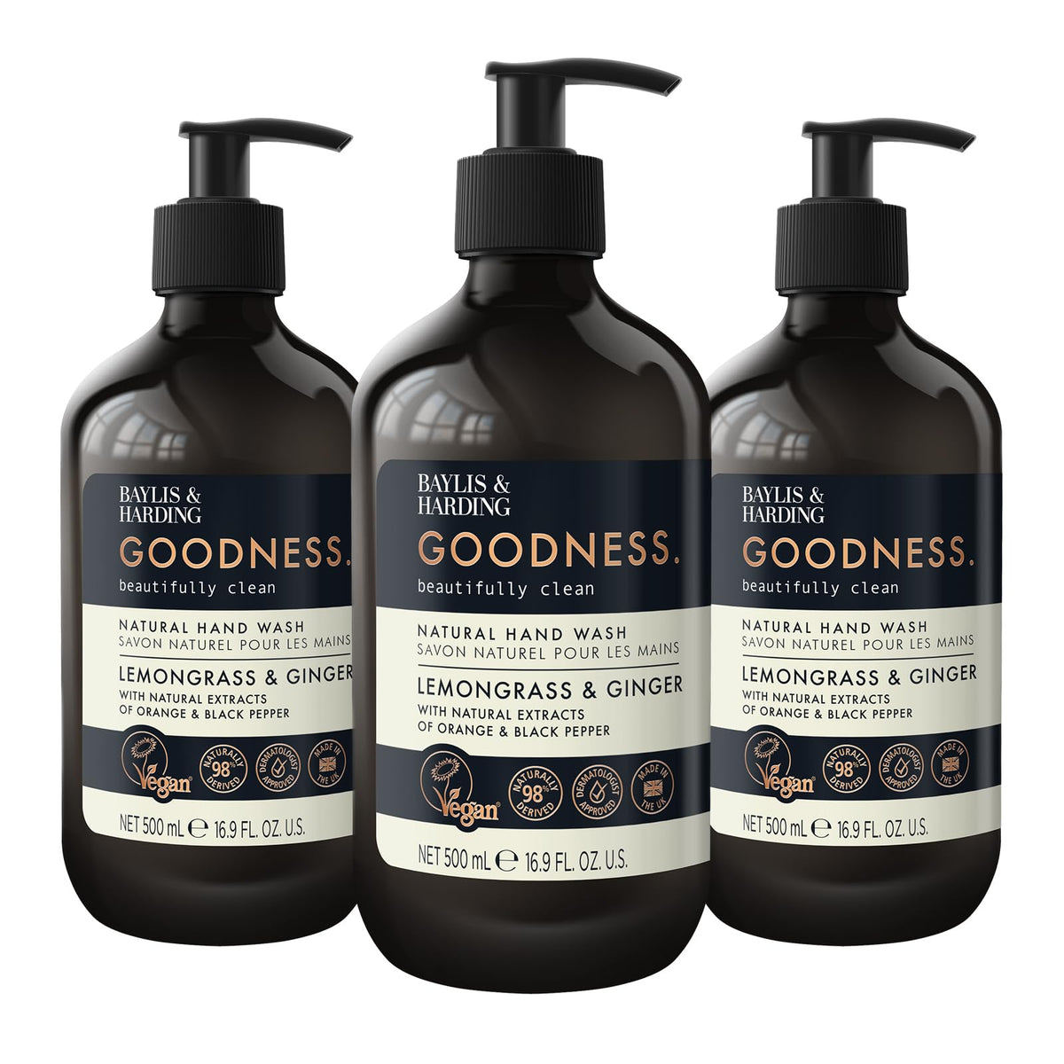 Baylis & Harding Goodness Lemongrass & Ginger dispenser bottle displayed for daily handwashing
