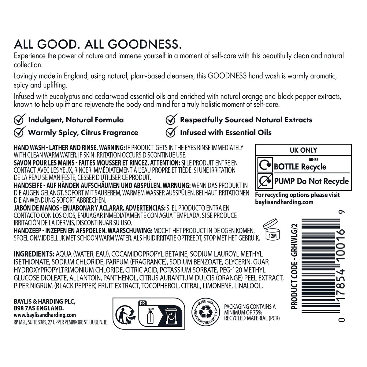 Dye-free, gentle Baylis & Harding Goodness Lemongrass & Ginger formula