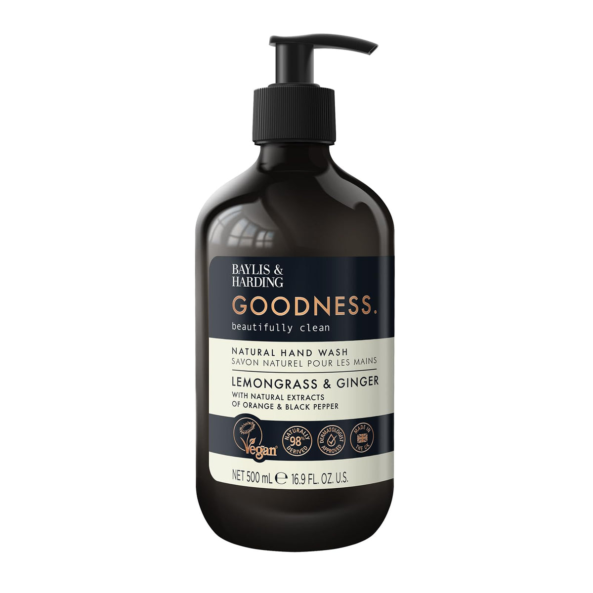 Close-up of Baylis & Harding label showing plant-based ingredients