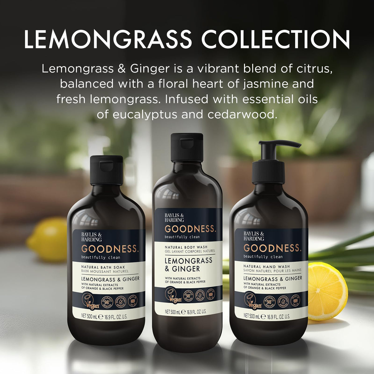 Three Baylis & Harding Goodness Lemongrass & Ginger bottles on a shelf