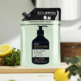 Baylis & Harding Oud Cedar & Amber bathroom dispenser with refill capability and premium scent.