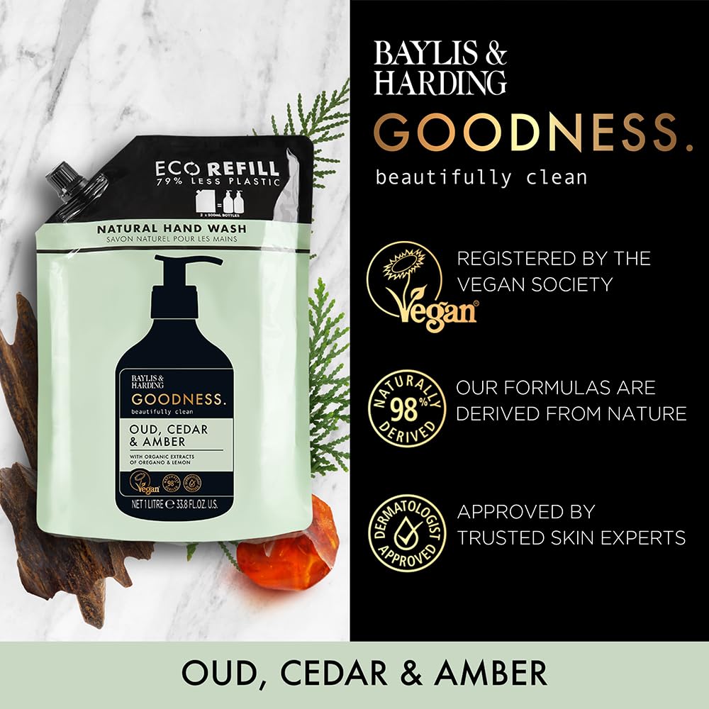 Baylis & Harding Goodness Oud Cedar & Amber kitchen dispenser showcasing refill solution.