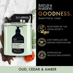 Baylis & Harding Goodness Oud Cedar & Amber kitchen dispenser showcasing refill solution.