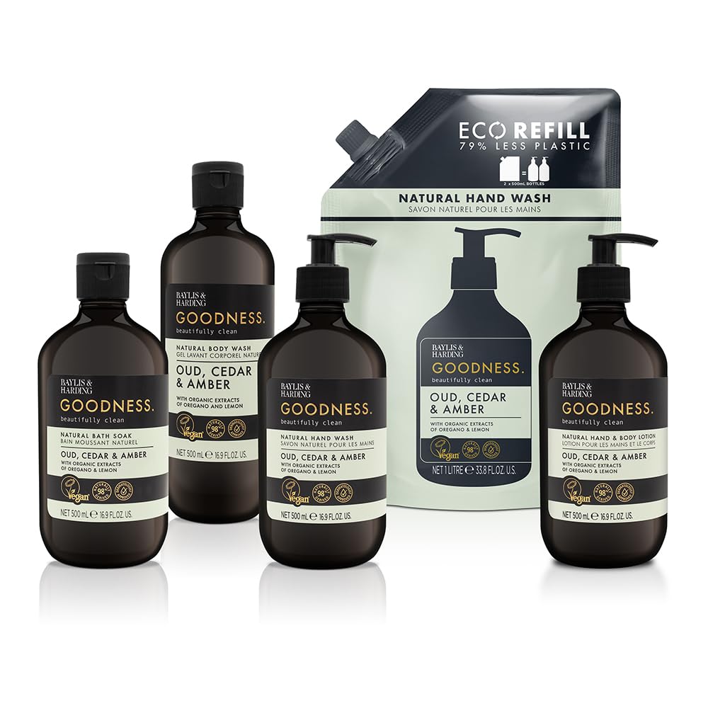 Made in the UK Baylis & Harding Goodness Oud Cedar & Amber packaging and bottle.