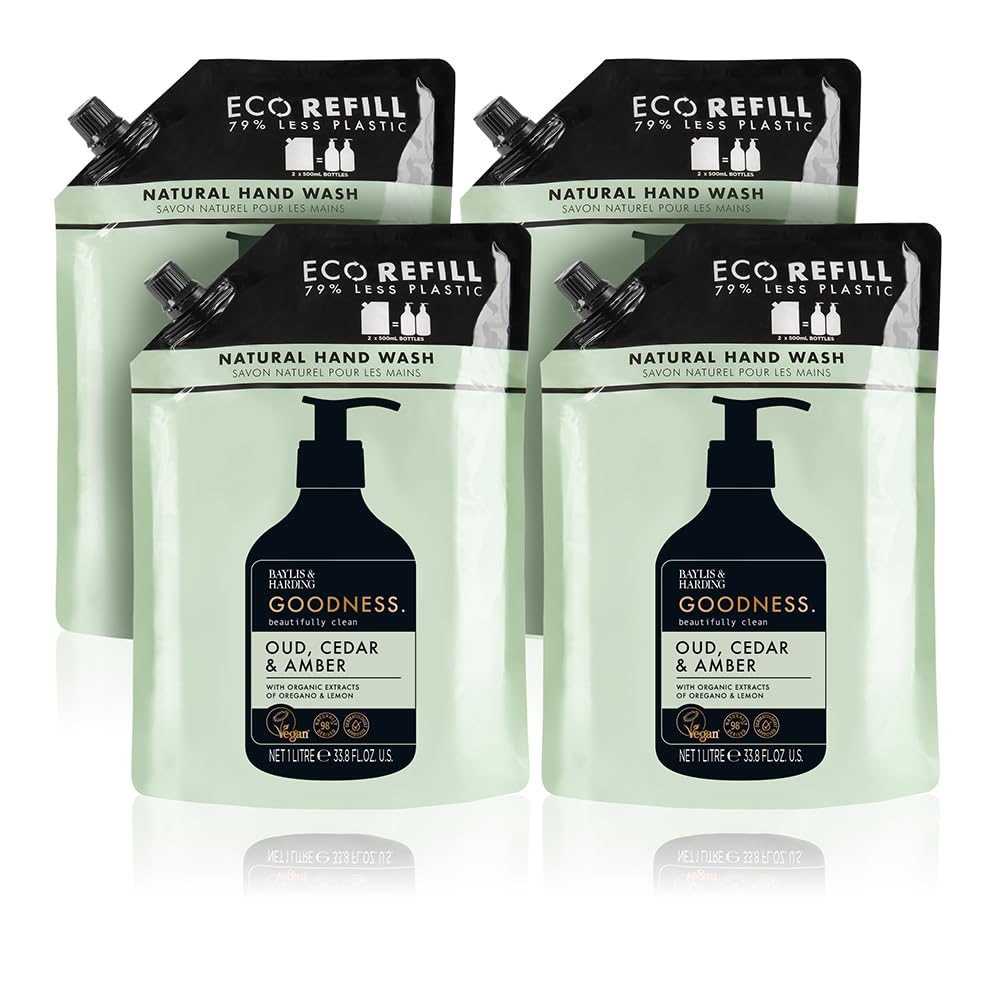 Baylis & Harding Goodness Oud Cedar & Amber refill bottle for soft, cleansed hands.