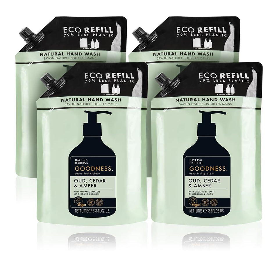 Baylis & Harding Goodness Oud Cedar & Amber refill bottle for soft, cleansed hands.