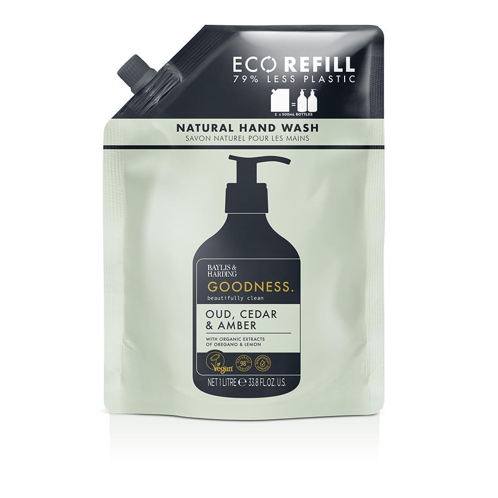 Baylis & Harding Goodness Oud Cedar & Amber refill bottle ready for sustainable hand washing.