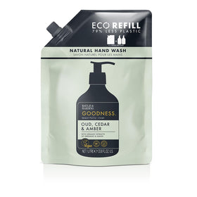Baylis & Harding Goodness Oud Cedar & Amber refill bottle ready for sustainable hand washing.