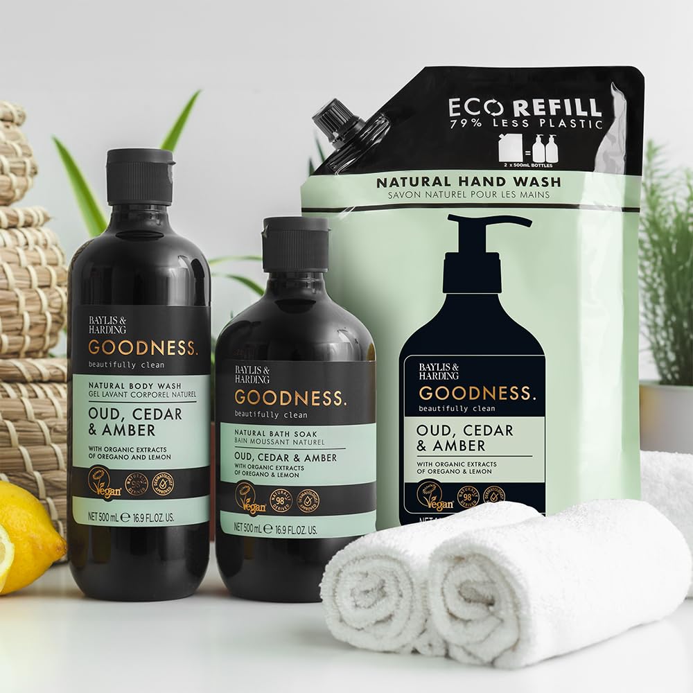Eco-friendly packaging by Baylis & Harding featuring recyclable pumps and PCR materials.