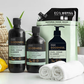 Eco-friendly packaging by Baylis & Harding featuring recyclable pumps and PCR materials.