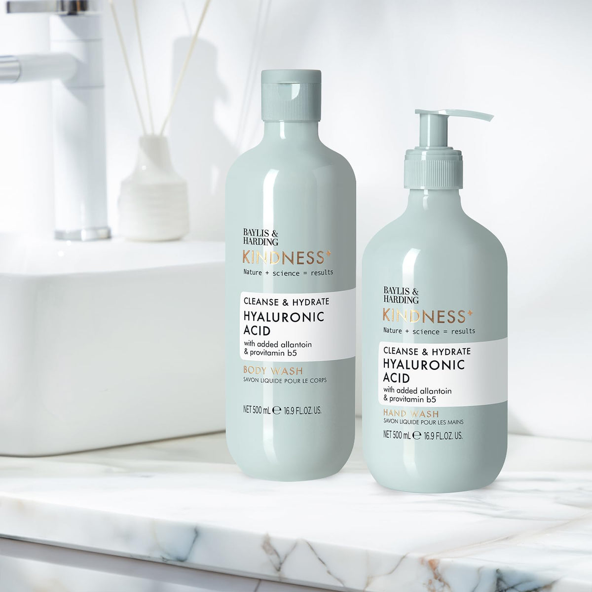 Baylis & Harding dermatologist-approved hand soap bottle emphasizing skin-softening hydration.