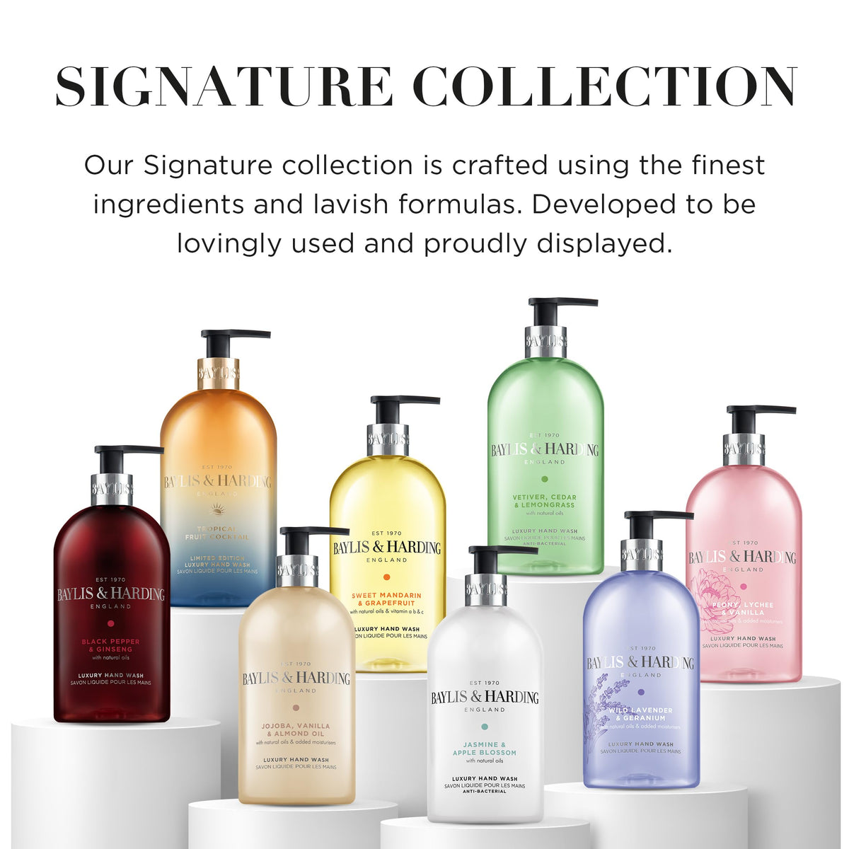 Baylis & Harding packaging with PCR bottle and recyclable components