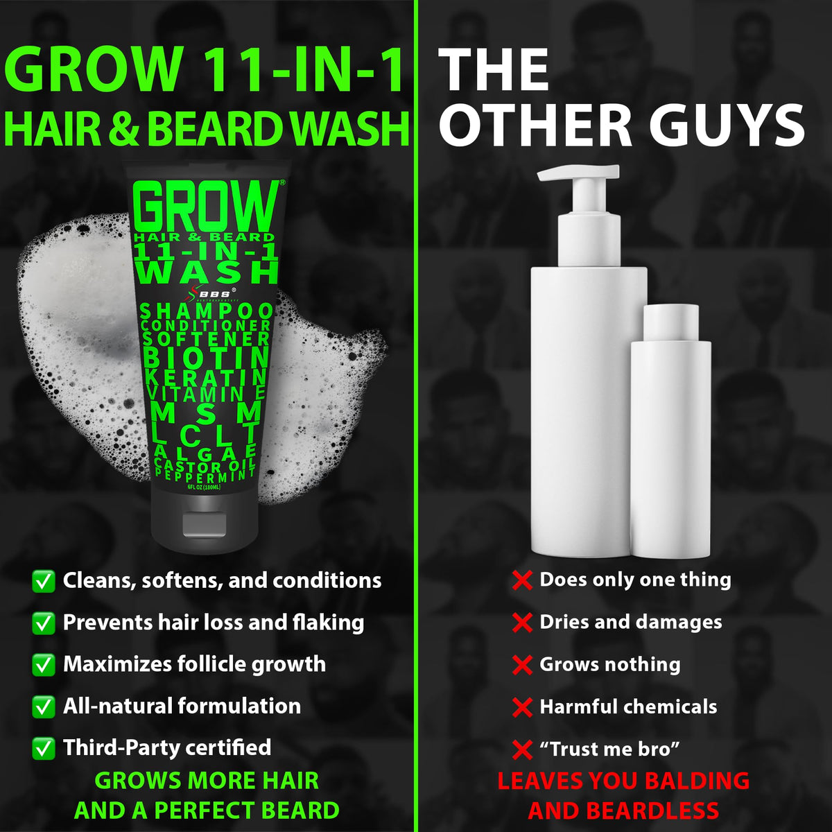 BBS Best Beard Stuff hair and beard wash bottle demonstrates dual cleansing action