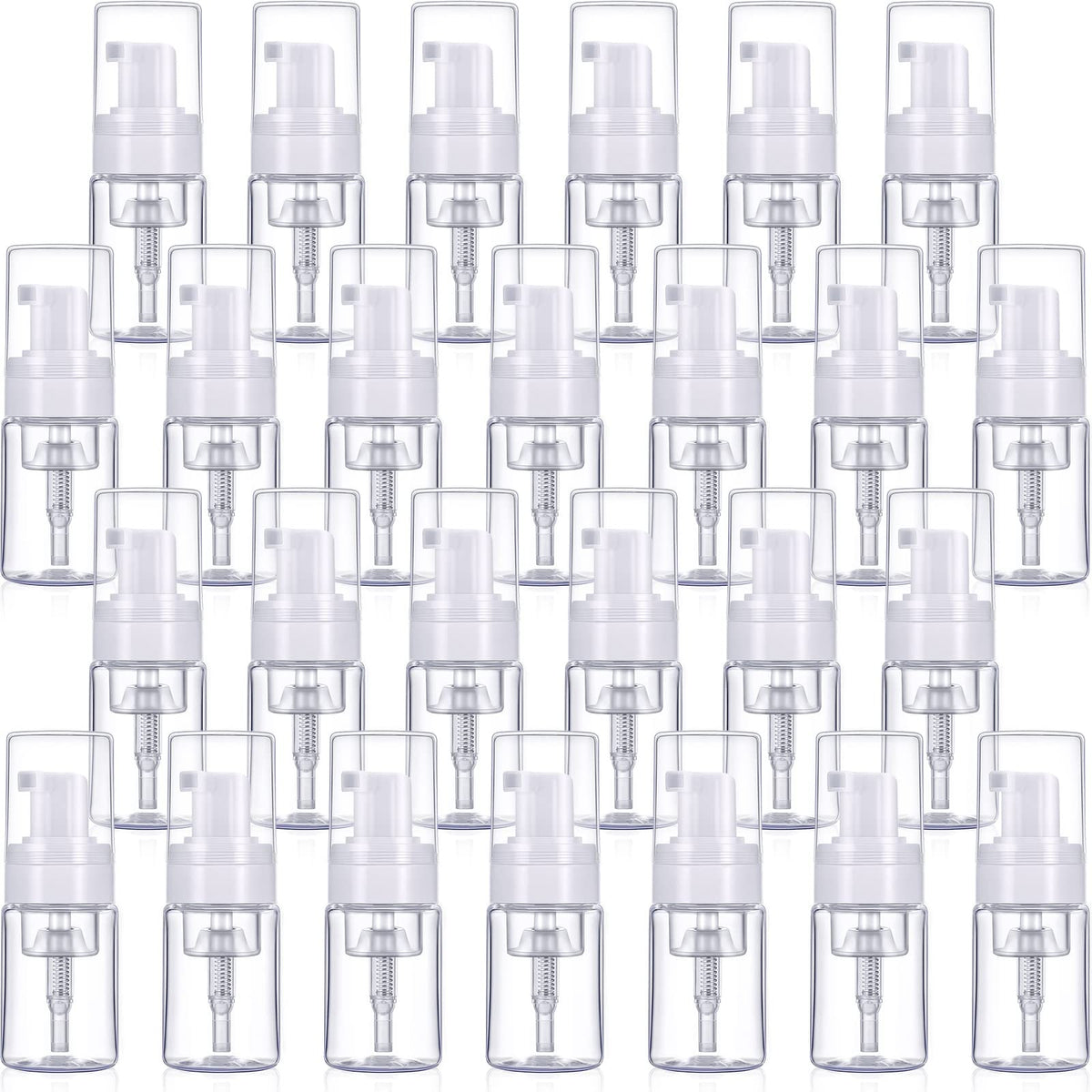BBTO 50-pack foam pump bottles in clear plastic for travel and cosmetics.