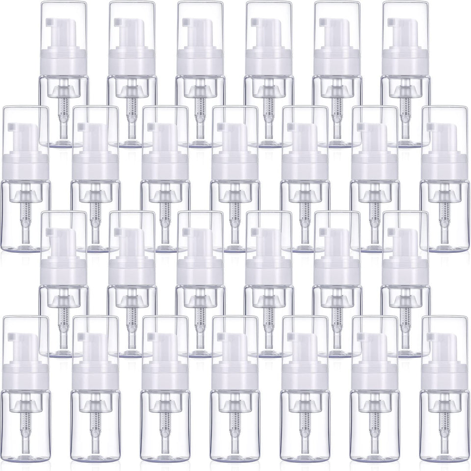 BBTO 50-pack foam pump bottles in clear plastic for travel and cosmetics.