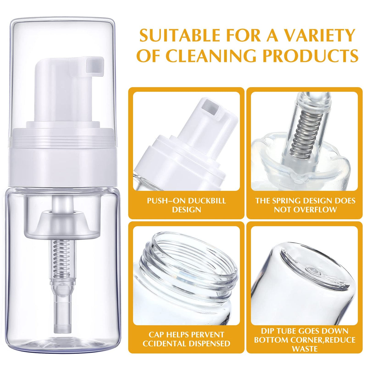 BBTO transparent plastic foam dispenser highlighting sturdy, odorless construction.