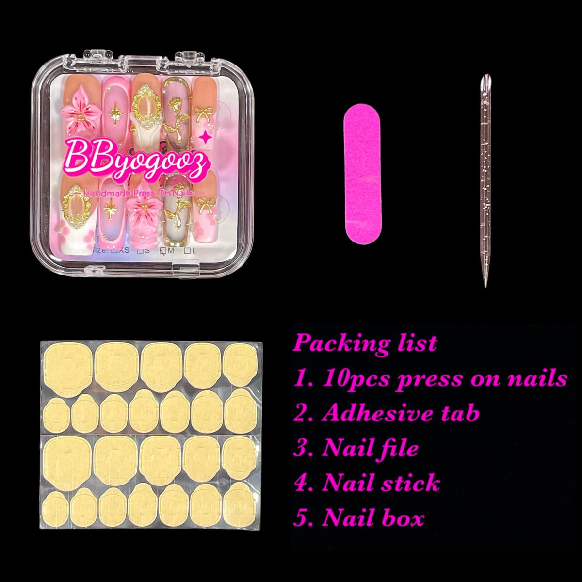 BByogooz handmade press-on nails with intricate 3D details