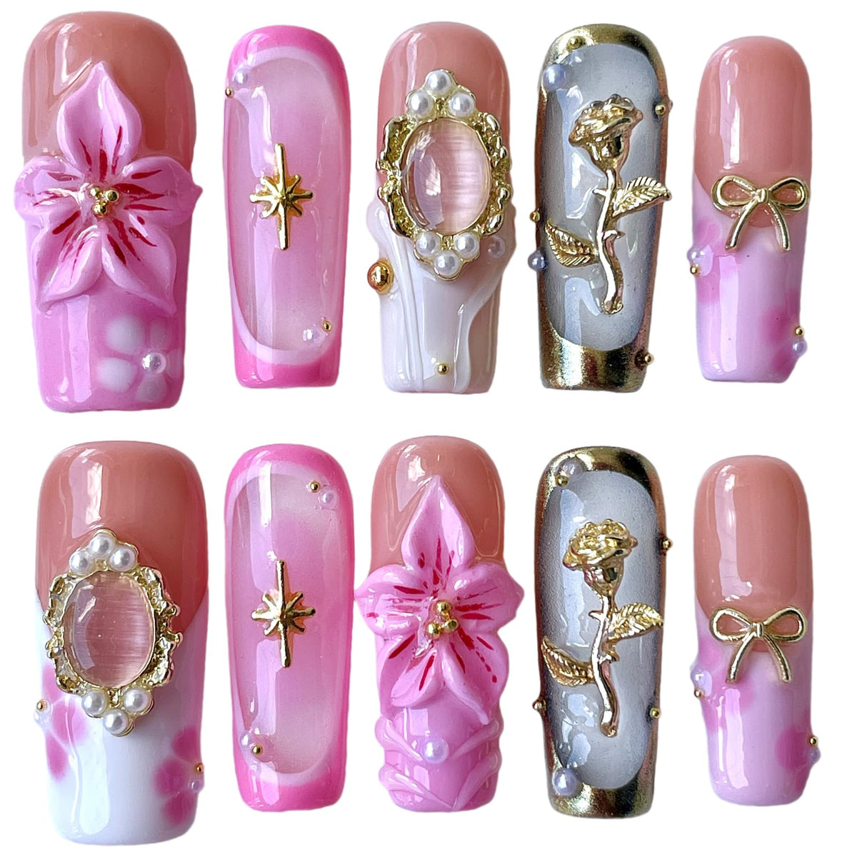 BByogooz mist pink 3D floral nails with vivid depth and sparkle