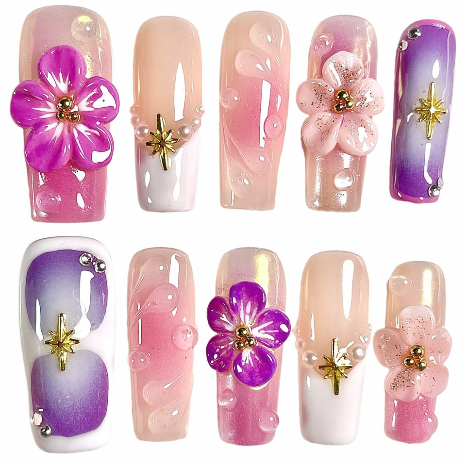 BByogooz Sakura 3D cherry blossoms on square nails for elegant daily wear.