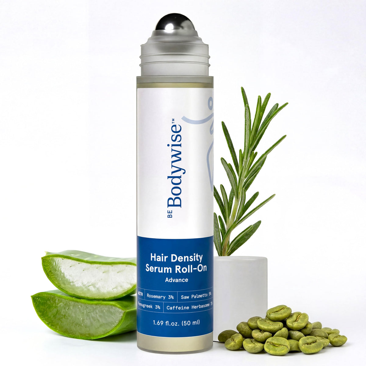 Be Bodywise Advanced Hair Density Roll-On Serum packaging shows the 50 ml bottle for daily use.