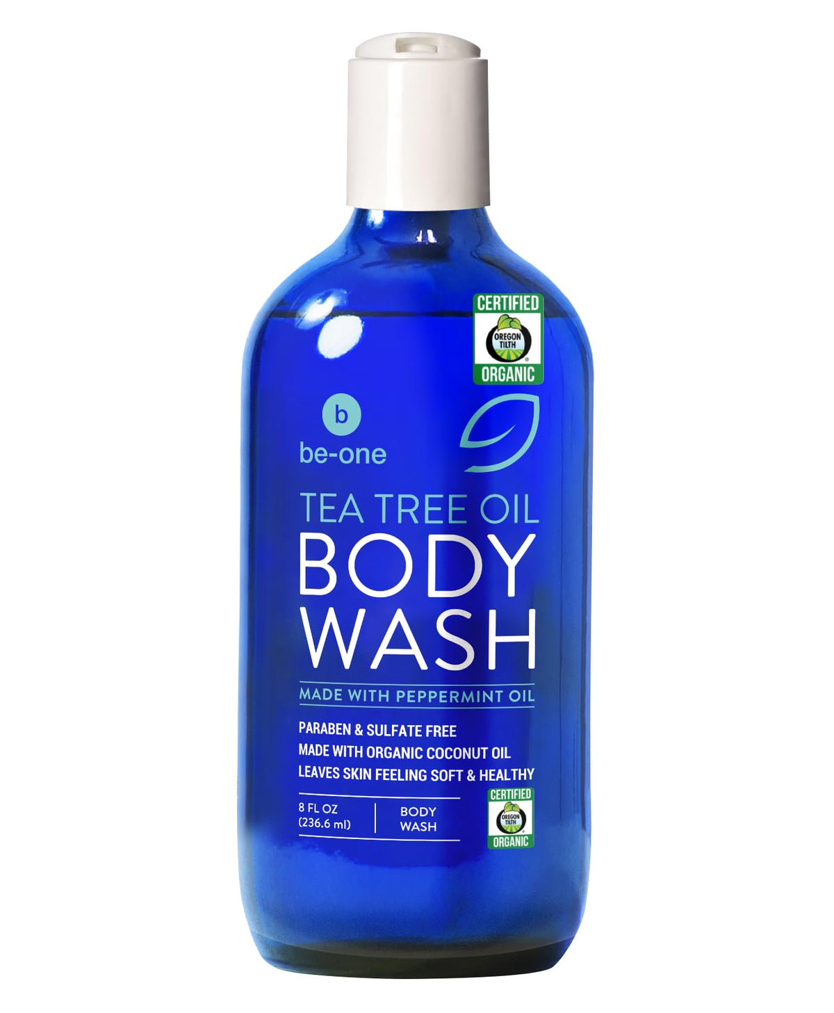 Be-One Organics Tea Tree Body Wash bottle showing sensitive-skin friendly formula.