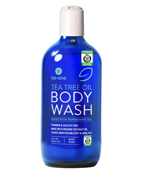 Be-One Organics Tea Tree Body Wash bottle showing sensitive-skin friendly formula.