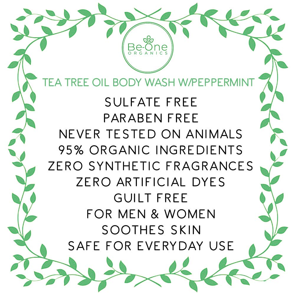 Be-One Organics Tea Tree Body Wash ingredients close-up with natural oils.