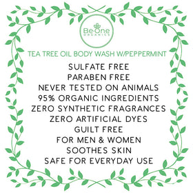 Be-One Organics Tea Tree Body Wash ingredients close-up with natural oils.