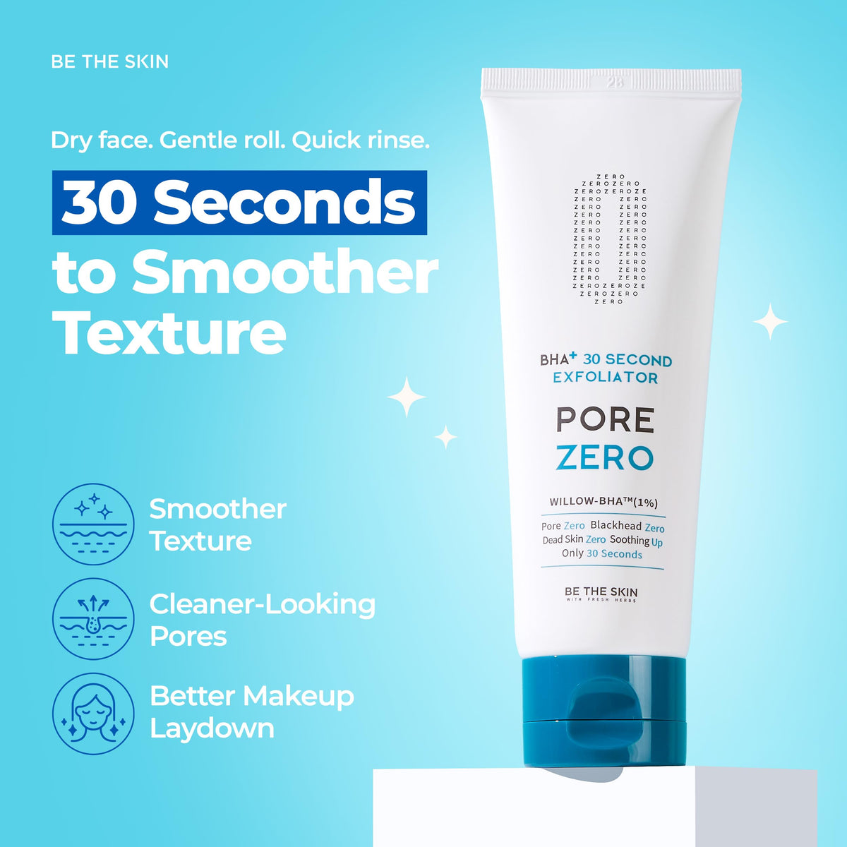 BE THE SKIN BHA+ gommage gel application demonstrates gentle massage exfoliation.