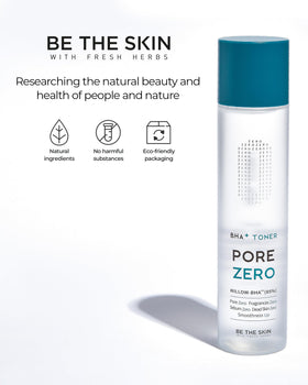 BE THE SKIN Pore Zero Toner packaging and bottle design emphasizes clean aesthetics.