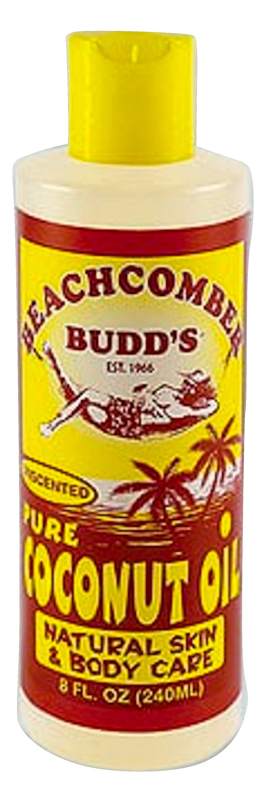 Beachcomber Budd's Pure Unscented Coconut Oil bottle (8 oz) for versatile skin, hair, and light cooking use.