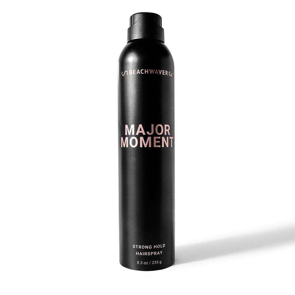 The Beachwaver Co. Major Moment bottle front showing strong, long-lasting hold.