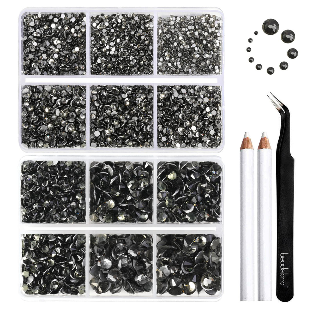 BEADSLAND 8300pcs gray flatback rhinestones in packaging for easy sorting.