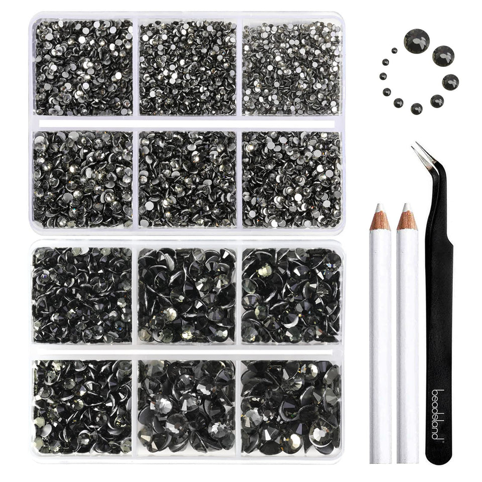 BEADSLAND 8300pcs gray flatback rhinestones in packaging for easy sorting.