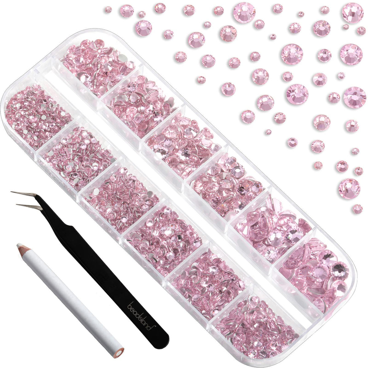 Beadsland pink flatback rhinestones SS8-SS10 for intricate nail art and jewelry embellishment.
