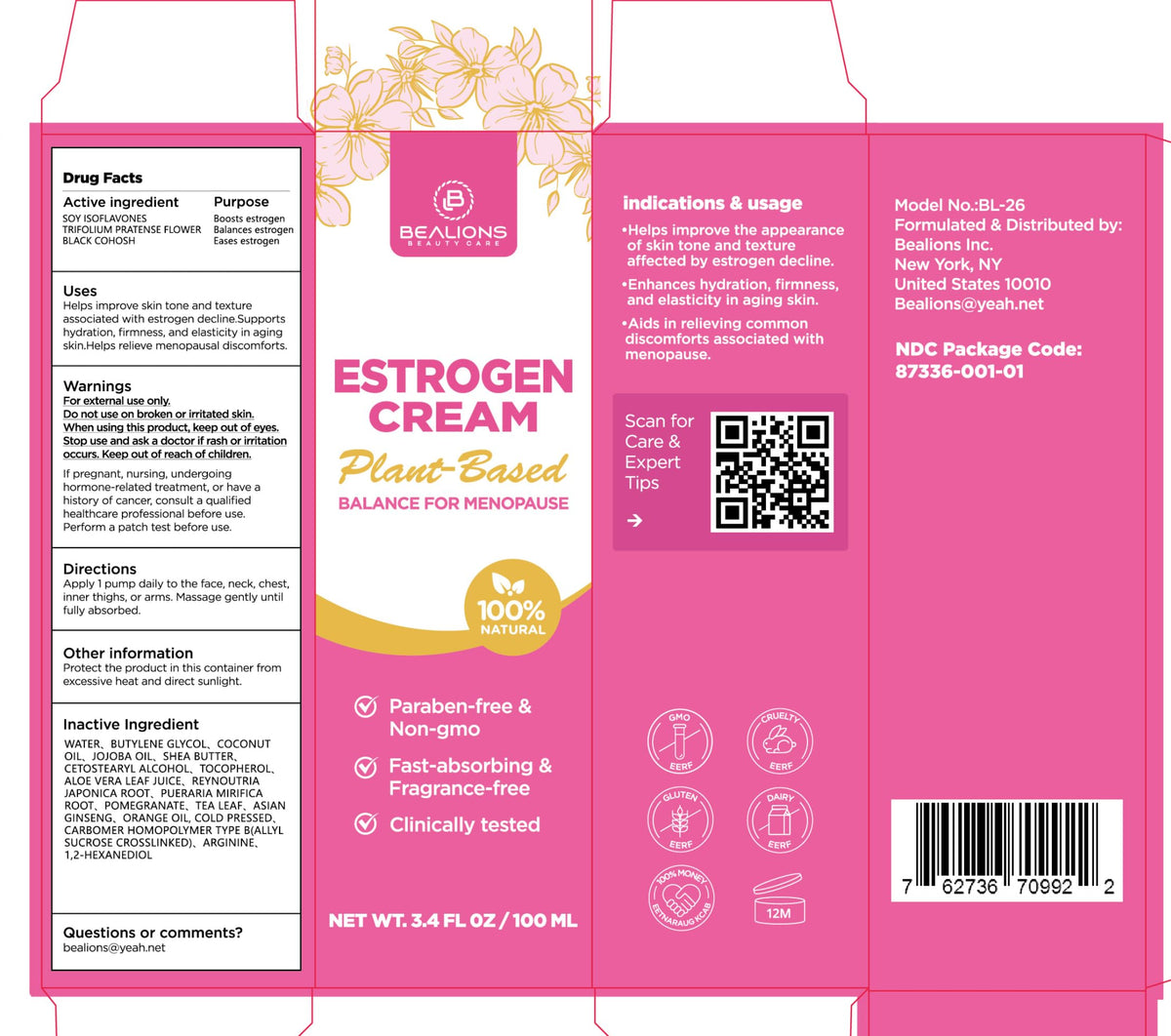 Bealions Estrogen Cream box and bottle showcasing premium mature skin care.