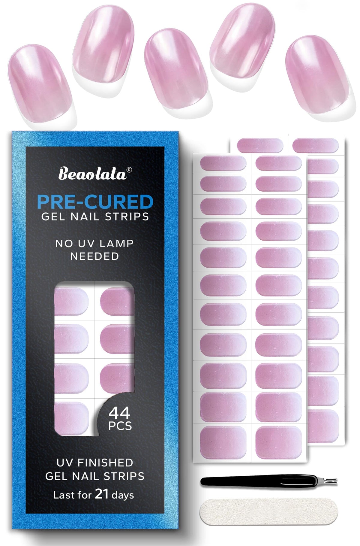 Beaolata chrome peach pink packaging showcases salon-grade gel nail strips for at-home manicure.